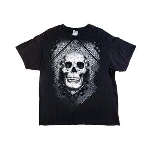 Vtg Black T-Shirt Men's XL Paisley Bandana Skull Day of the Dead Grunge Y2K